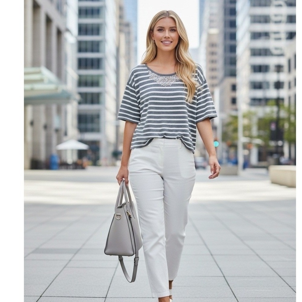 Abercrombie & Fitch Embellished Neck Striped Top Womens M Grey White Casual NEW